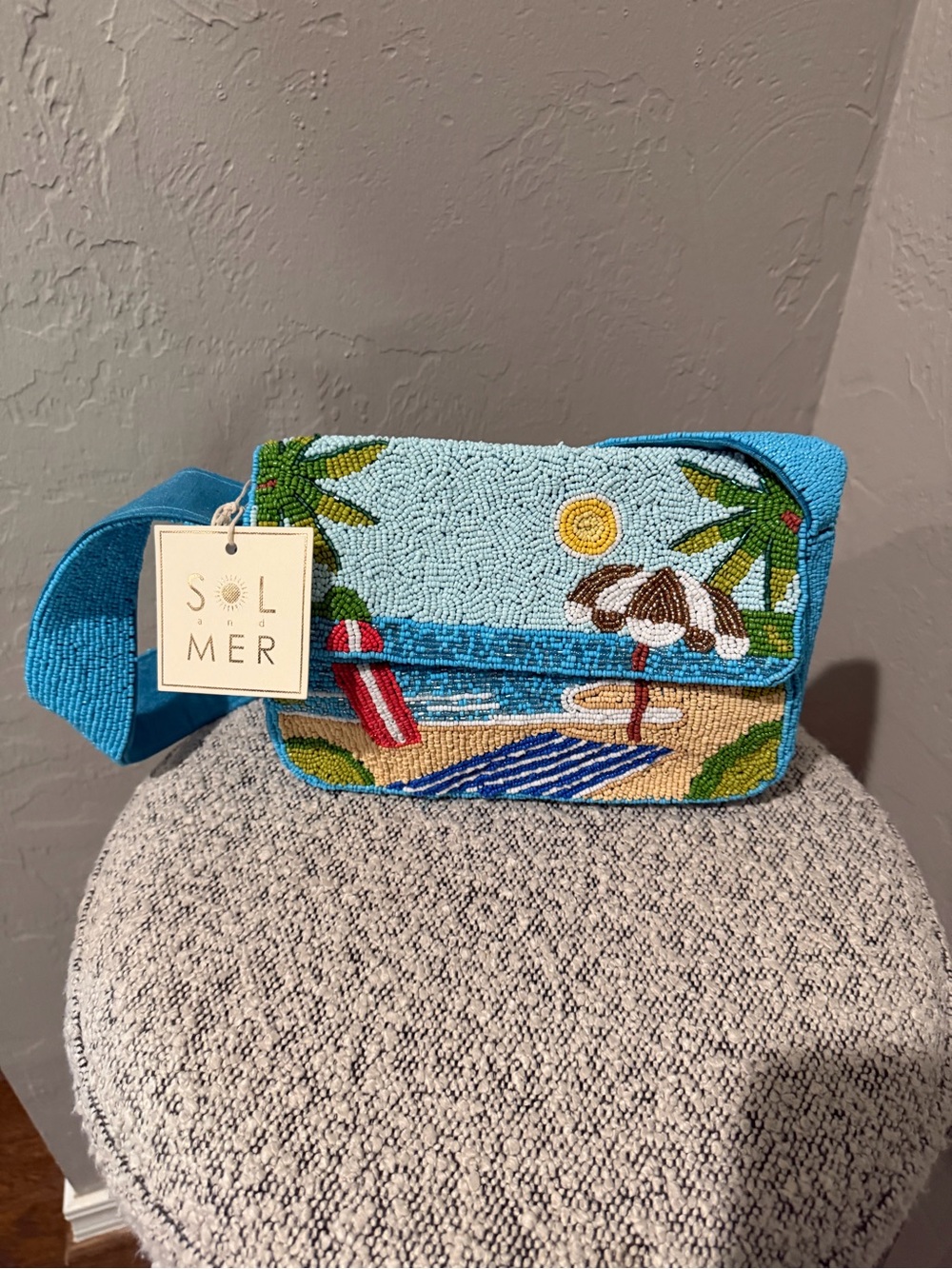 Blue Beaded Beach Scene Crossbody Bag